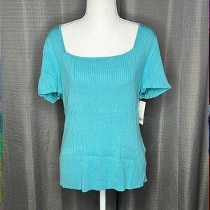 BAR III XXL TURQUOISE RIBBED SHIRT SLEEVED BLOUSE